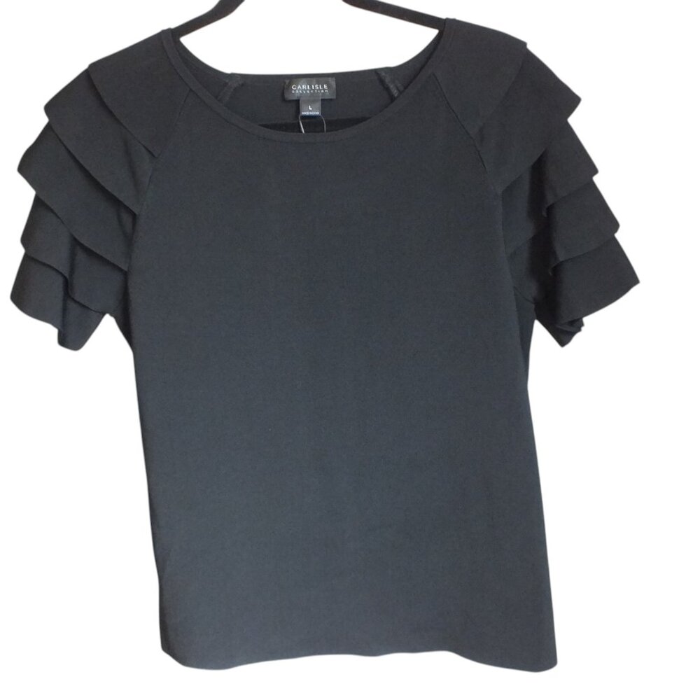 Carlisle Crop Jersey Tiered Ruffle Short Sleeve  Black Top L NWOT